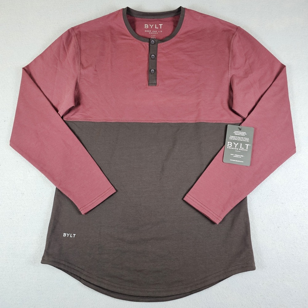 BYLT Drop Cut Long Sleeve Henley Lux Shirt Mens Small Red Brown Performance NWT